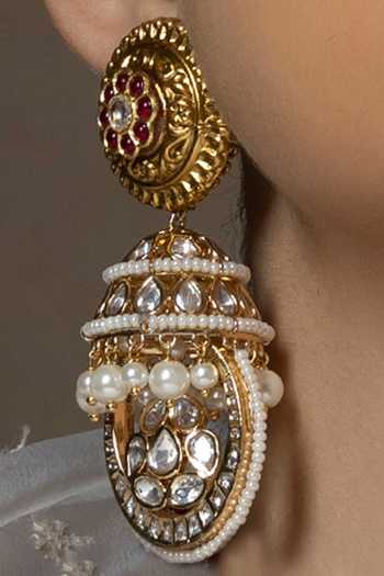 Joules by Radhika_Gold Plated Bloom Kundan And Ruby Embellished Jhumkas _Online_at_Aza_Fashions