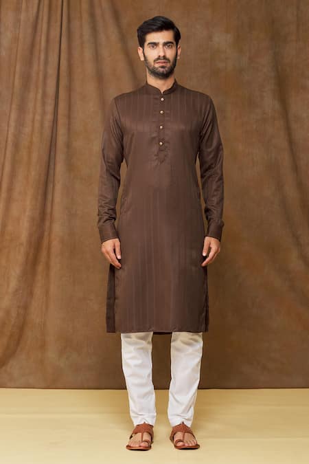 Arihant Rai Sinha_Brown Silk Embroidery Geometric Pattern Full Sleeve Kurta _Online_at_Aza_Fashions