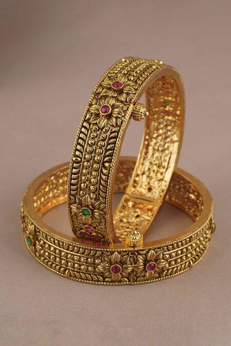 Buy_Smars Jewelry_Gold Plated Stones Antique Carved Bangles - Set Of 2 _Online_at_Aza_Fashions