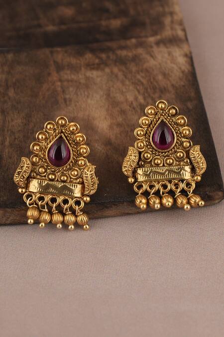 Buy_Smars Jewelry_Gold Plated Ruby Stone Embellished Carved Pendant Necklace Set_Online_at_Aza_Fashions