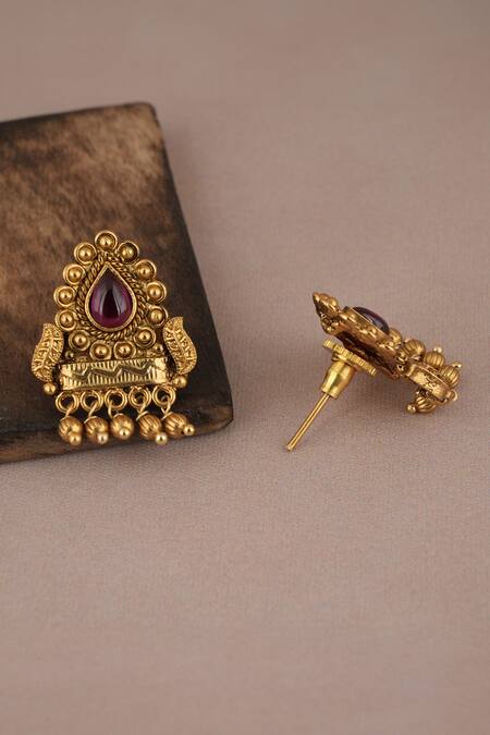 Shop_Smars Jewelry_Gold Plated Ruby Stone Embellished Carved Pendant Necklace Set_Online_at_Aza_Fashions