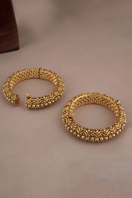 Smars Jewelry_Gold Plated Stones Floral Leaf Carved Bangles - Set Of 2_Online_at_Aza_Fashions