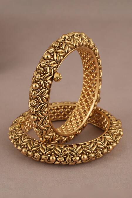 Buy_Smars Jewelry_Gold Plated Stones Floral Leaf Carved Bangles - Set Of 2_Online_at_Aza_Fashions