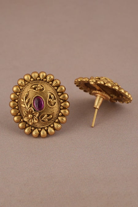 Smars Jewelry_Gold Plated Crystals Oval Shaped Floral Carved Stud Earrings_Online_at_Aza_Fashions