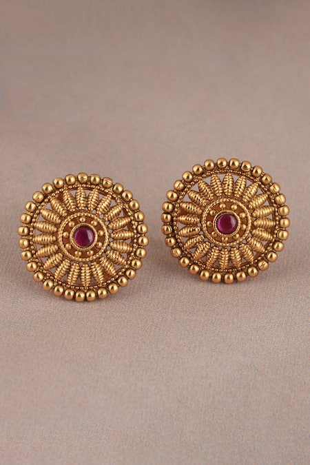 Smars Jewelry_Gold Plated Crystals, Stones Floral Ruby Embellished Necklace Set _Online_at_Aza_Fashions