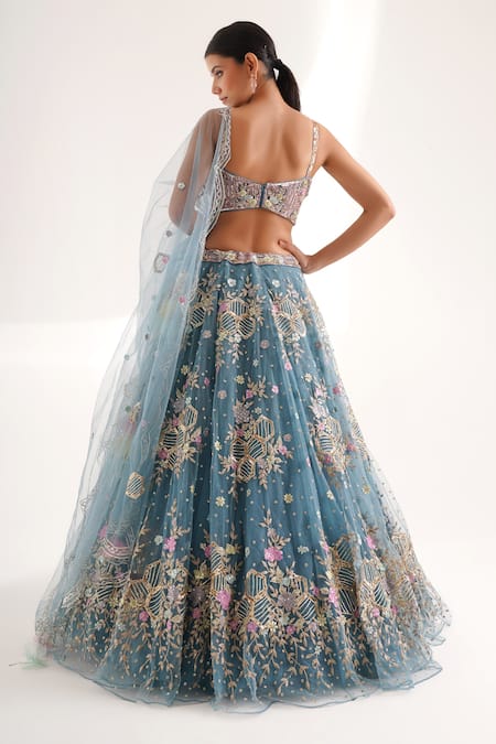 Shop Chaashni By Maansi And Ketan Blue Net Sequins, Beads, Embroidery, Gota Honeycomb Floral Resham Lehenga Set at Aza Fashions Shop_Chaashni By Maansi And Ketan_Blue Net Sequins, Beads, Embroidery, Gota Honeycomb Floral Resham Lehenga Set_at_Aza_Fashions