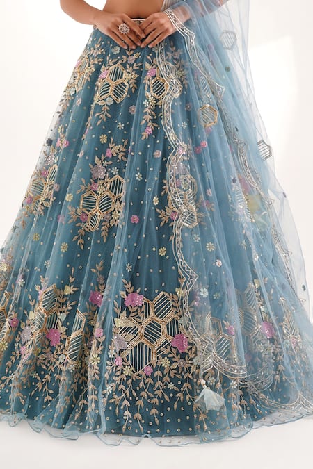 Chaashni By Maansi And Ketan Blue Net Sequins, Beads, Embroidery, Gota Honeycomb Floral Resham Lehenga Set Online at Aza Fashions Chaashni By Maansi And Ketan_Blue Net Sequins, Beads, Embroidery, Gota Honeycomb Floral Resham Lehenga Set_Online_at_Aza_Fashions