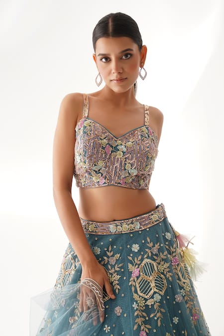 Shop Chaashni By Maansi And Ketan Blue Net Sequins, Beads, Embroidery, Gota Honeycomb Floral Resham Lehenga Set Online at Aza Fashions Shop_Chaashni By Maansi And Ketan_Blue Net Sequins, Beads, Embroidery, Gota Honeycomb Floral Resham Lehenga Set_Online_at_Aza_Fashions