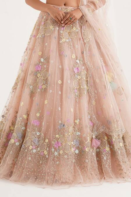 Chaashni By Maansi And Ketan_Peach Net Sequins, Beads, Gota Patti Sweetheart Embroidered Floral Lehenga Set_Online_at_Aza_Fashions