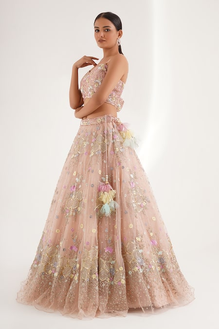 Buy_Chaashni By Maansi And Ketan_Peach Net Sequins, Beads, Gota Patti Sweetheart Embroidered Floral Lehenga Set_Online_at_Aza_Fashions
