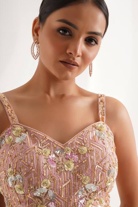 Shop_Chaashni By Maansi And Ketan_Peach Net Sequins, Beads, Gota Patti Sweetheart Embroidered Floral Lehenga Set_Online_at_Aza_Fashions