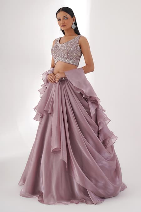 Buy Chaashni By Maansi And Ketan Purple Organza Sequins, Cut Draped Layered Lehenga Set With Embroidered Blouse Online at Aza Fashions Buy_Chaashni By Maansi And Ketan_Purple Organza Sequins, Cut Draped Layered Lehenga Set With Embroidered Blouse _Online_at_Aza_Fashions