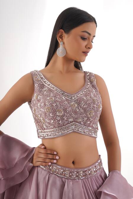 Shop Chaashni By Maansi And Ketan Purple Organza Sequins, Cut Draped Layered Lehenga Set With Embroidered Blouse Online at Aza Fashions Shop_Chaashni By Maansi And Ketan_Purple Organza Sequins, Cut Draped Layered Lehenga Set With Embroidered Blouse _Online_at_Aza_Fashions