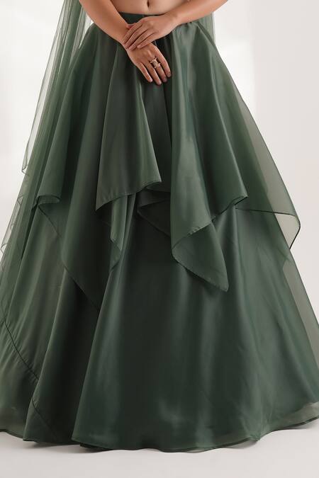Chaashni By Maansi And Ketan Green Organza Crystals, Draped Solid Lehenga Set With Leaf Embellished Blouse Online at Aza Fashions Chaashni By Maansi And Ketan_Green Organza Crystals, Draped Solid Lehenga Set With Leaf Embellished Blouse_Online_at_Aza_Fashions