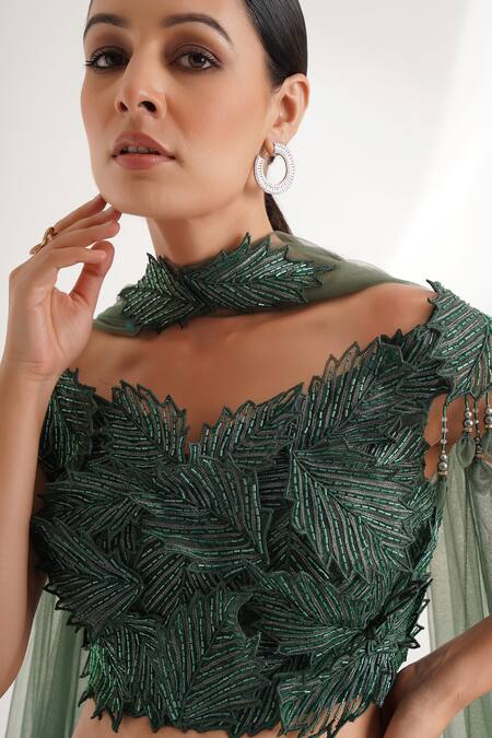Buy Chaashni By Maansi And Ketan Green Organza Crystals, Draped Solid Lehenga Set With Leaf Embellished Blouse Online at Aza Fashions Buy_Chaashni By Maansi And Ketan_Green Organza Crystals, Draped Solid Lehenga Set With Leaf Embellished Blouse_Online_at_Aza_Fashions