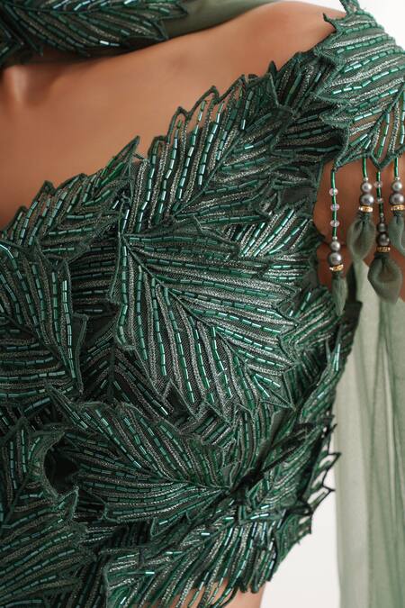 Shop Chaashni By Maansi And Ketan Green Organza Crystals, Draped Solid Lehenga Set With Leaf Embellished Blouse Online at Aza Fashions Shop_Chaashni By Maansi And Ketan_Green Organza Crystals, Draped Solid Lehenga Set With Leaf Embellished Blouse_Online_at_Aza_Fashions