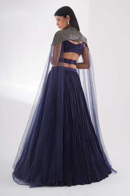 Chaashni By Maansi And Ketan Blue Net, Chiffon Sequins, Pleated Textured Lehenga Set With Embellished Cape Online at Aza Fashions Chaashni By Maansi And Ketan_Blue Net, Chiffon Sequins, Pleated Textured Lehenga Set With Embellished Cape _Online_at_Aza_Fashions