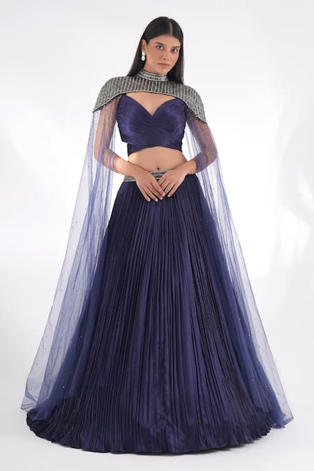 Buy Chaashni By Maansi And Ketan Blue Net, Chiffon Sequins, Pleated Textured Lehenga Set With Embellished Cape Online at Aza Fashions Buy_Chaashni By Maansi And Ketan_Blue Net, Chiffon Sequins, Pleated Textured Lehenga Set With Embellished Cape _Online_at_Aza_Fashions