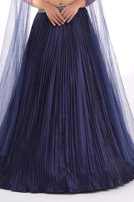 Shop Chaashni By Maansi And Ketan Blue Net, Chiffon Sequins, Pleated Textured Lehenga Set With Embellished Cape Online at Aza Fashions Shop_Chaashni By Maansi And Ketan_Blue Net, Chiffon Sequins, Pleated Textured Lehenga Set With Embellished Cape _Online_at_Aza_Fashions