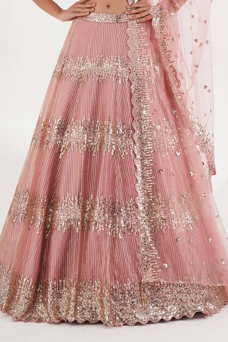Chaashni By Maansi And Ketan_Pink Net Sequins, Beads Sweetheart Neck Stripe Embellished Lehenga Set_Online_at_Aza_Fashions