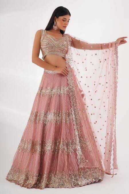 Buy_Chaashni By Maansi And Ketan_Pink Net Sequins, Beads Sweetheart Neck Stripe Embellished Lehenga Set_Online_at_Aza_Fashions