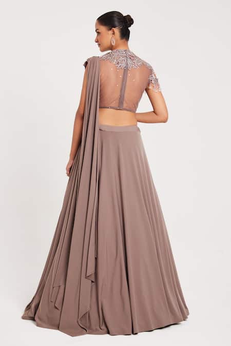 Chaashni By Maansi And Ketan Floral Embroidered Border Draped Lehenga With Embellished Blouse 