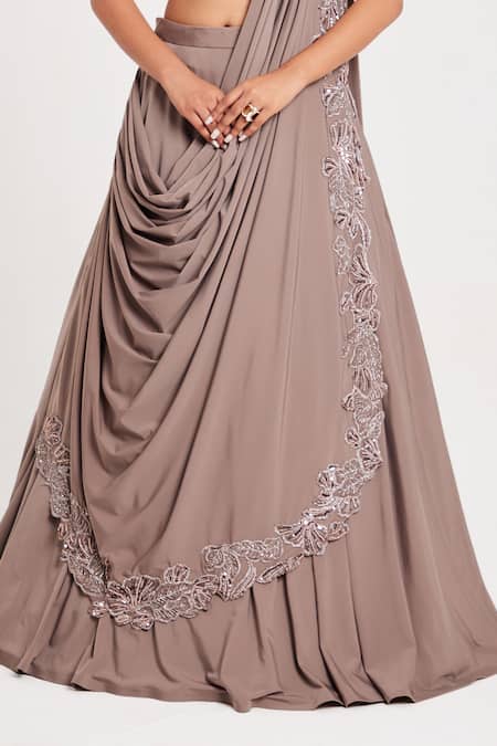 Shop_Chaashni By Maansi And Ketan_Brown Net, Floral Embroidered Border Draped Lehenga With Embellished Blouse _Online_at_Aza_Fashions