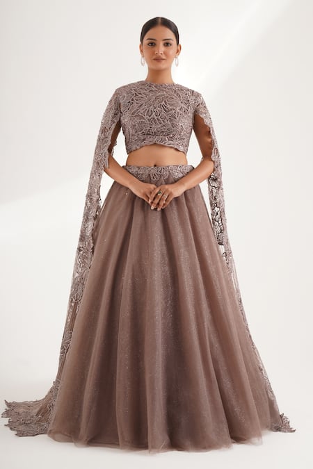 Chaashni by Maansi and Ketan Brown Net Embroidered Dori Round Shimmer Lehenga With Floral Embellished Blouse