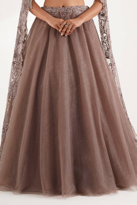 Chaashni By Maansi And Ketan Brown Net Diamonds, Embroidery Shimmer Lehenga With Floral Embellished Blouse Online at Aza Fashions Chaashni By Maansi And Ketan_Brown Net Diamonds, Embroidery Shimmer Lehenga With Floral Embellished Blouse _Online_at_Aza_Fashions
