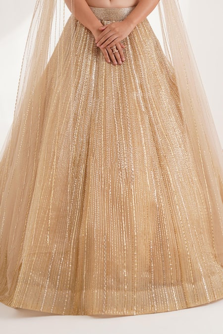 Buy_Chaashni By Maansi And Ketan_Gold Organza Sequin Stripe Lehenga With 3-d Blouse _Online_at_Aza_Fashions