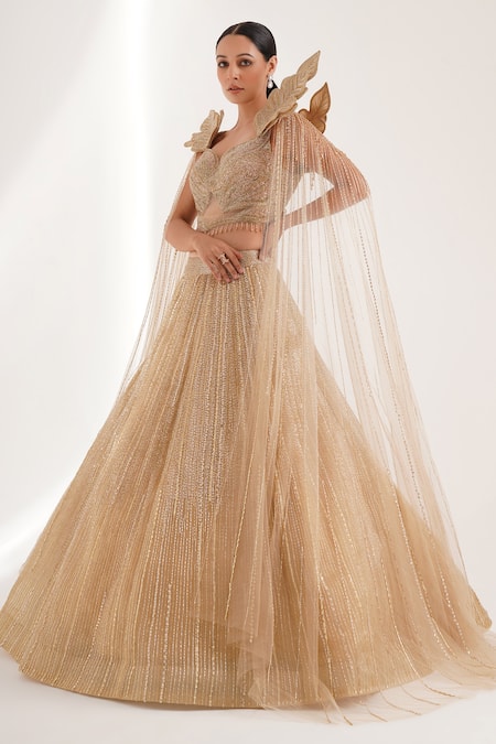 Shop_Chaashni By Maansi And Ketan_Gold Organza Sequin Stripe Lehenga With 3-d Blouse _Online_at_Aza_Fashions