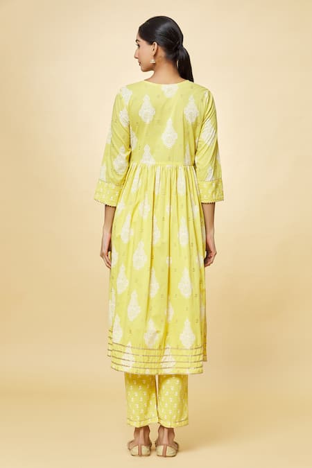 Shop Samyukta Singhania Yellow Cotton Keyhole Neck Printed Anarkali Pant Set at Aza Fashions Shop_Samyukta Singhania_Yellow Cotton Keyhole Neck Printed Anarkali Pant Set_at_Aza_Fashions