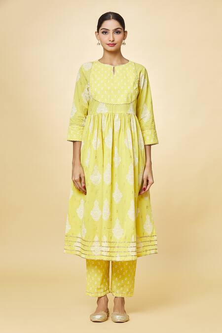 Samyukta Singhania Yellow Cotton Keyhole Neck Printed Anarkali Pant Set Online at Aza Fashions Samyukta Singhania_Yellow Cotton Keyhole Neck Printed Anarkali Pant Set_Online_at_Aza_Fashions