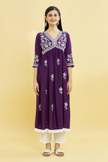 Samyukta Singhania Purple Viscose Embroidery V-neck Floral Bloom Anarkali Online at Aza Fashions Samyukta Singhania_Purple Viscose Embroidery V-neck Floral Bloom Anarkali_Online_at_Aza_Fashions