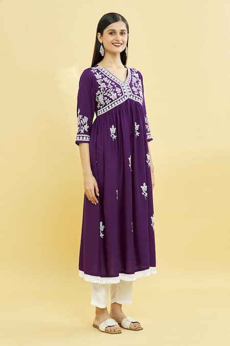 Buy Samyukta Singhania Purple Viscose Embroidery V-neck Floral Bloom Anarkali Online at Aza Fashions Buy_Samyukta Singhania_Purple Viscose Embroidery V-neck Floral Bloom Anarkali_Online_at_Aza_Fashions