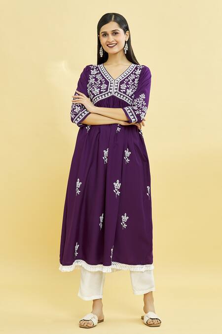 Shop Samyukta Singhania Purple Viscose Embroidery V-neck Floral Bloom Anarkali Online at Aza Fashions Shop_Samyukta Singhania_Purple Viscose Embroidery V-neck Floral Bloom Anarkali_Online_at_Aza_Fashions