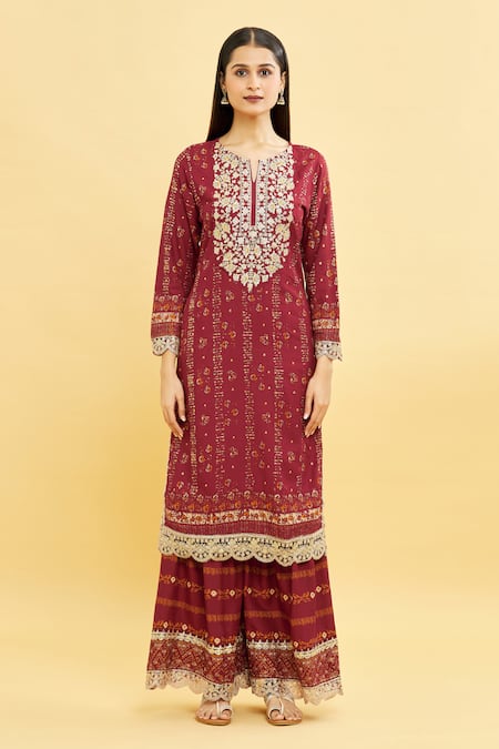 Samyukta Singhania_Maroon Viscose, Cotton Embroidery, Zari Split V-neck Yoke Kurta Sharara Set_Online_at_Aza_Fashions