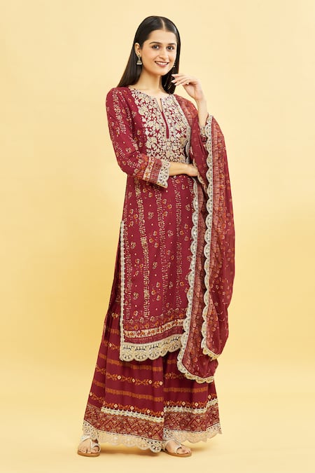 Buy_Samyukta Singhania_Maroon Viscose, Cotton Embroidery, Zari Split V-neck Yoke Kurta Sharara Set_Online_at_Aza_Fashions