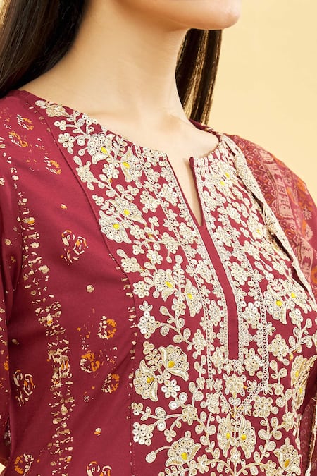 Shop_Samyukta Singhania_Maroon Viscose, Cotton Embroidery, Zari Split V-neck Yoke Kurta Sharara Set_Online_at_Aza_Fashions