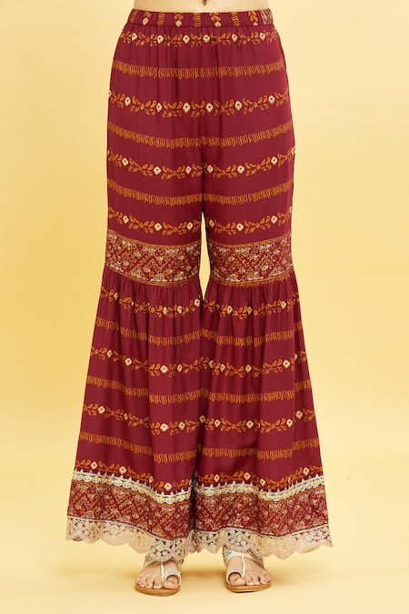 Samyukta Singhania_Maroon Viscose, Cotton Embroidery, Zari Split V-neck Yoke Kurta Sharara Set_at_Aza_Fashions