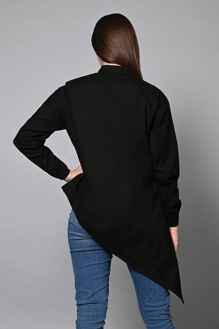 Shop House Of Manaa Black Cotton Collared Evening Elegance Asymmetric Shirt at Aza Fashions Shop_House Of Manaa_Black Cotton Collared Evening Elegance Asymmetric Shirt_at_Aza_Fashions