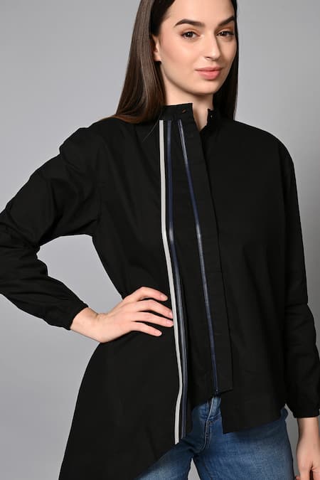 House Of Manaa Black Cotton Collared Evening Elegance Asymmetric Shirt Online at Aza Fashions House Of Manaa_Black Cotton Collared Evening Elegance Asymmetric Shirt_Online_at_Aza_Fashions