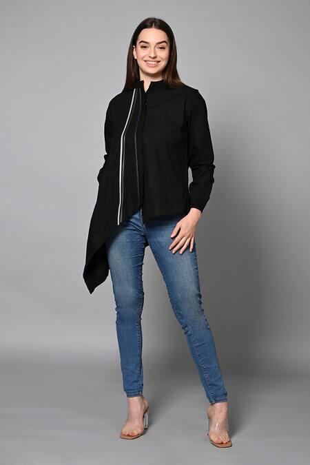 Buy House Of Manaa Black Cotton Collared Evening Elegance Asymmetric Shirt Online at Aza Fashions Buy_House Of Manaa_Black Cotton Collared Evening Elegance Asymmetric Shirt_Online_at_Aza_Fashions