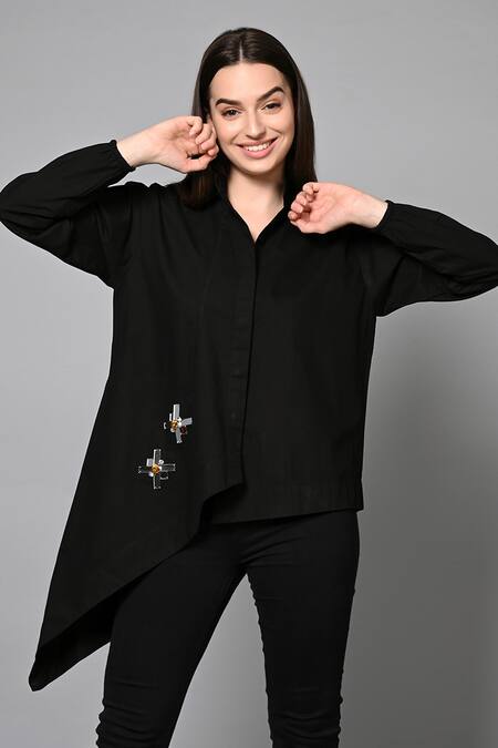 House Of Manaa Black Cotton Mirrors, Stones Collared Elegant Evening Shirt Online at Aza Fashions House Of Manaa_Black Cotton Mirrors, Stones Collared Elegant Evening Shirt_Online_at_Aza_Fashions