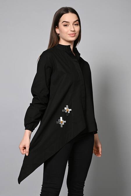 Buy House Of Manaa Black Cotton Mirrors, Stones Collared Elegant Evening Shirt Online at Aza Fashions Buy_House Of Manaa_Black Cotton Mirrors, Stones Collared Elegant Evening Shirt_Online_at_Aza_Fashions