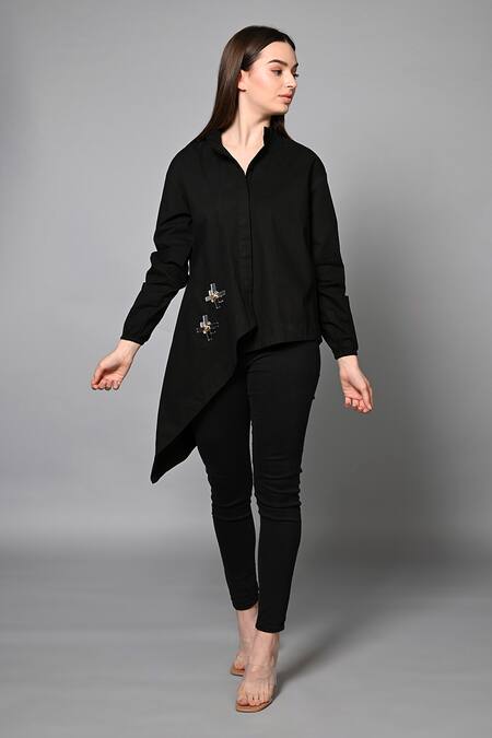 Shop House Of Manaa Black Cotton Mirrors, Stones Collared Elegant Evening Shirt Online at Aza Fashions Shop_House Of Manaa_Black Cotton Mirrors, Stones Collared Elegant Evening Shirt_Online_at_Aza_Fashions