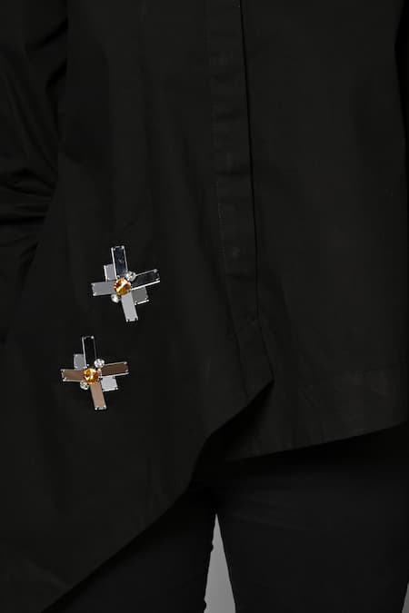 House Of Manaa Black Cotton Mirrors, Stones Collared Elegant Evening Shirt at Aza Fashions House Of Manaa_Black Cotton Mirrors, Stones Collared Elegant Evening Shirt_at_Aza_Fashions