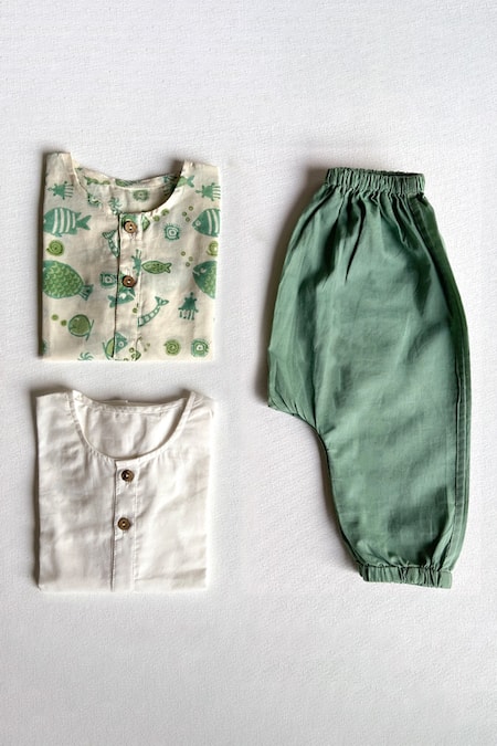 Whitewater Kids Green 100% Organic Cotton Hand Block Printed Fish Kurta And Pant Set  