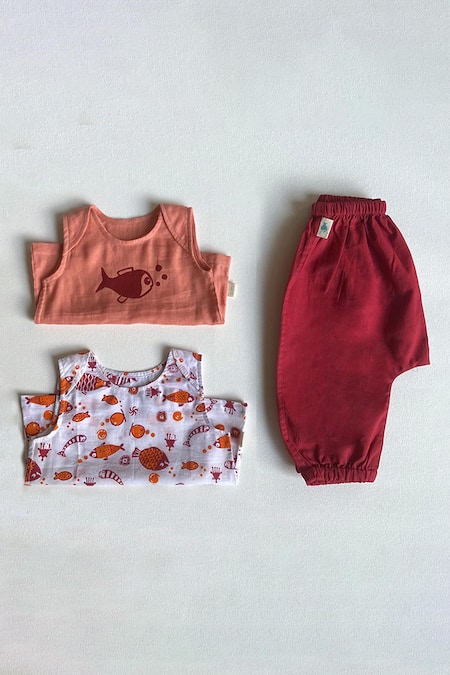 Whitewater Kids Fish Hand Block Print Jhabla Top & Pant Set 