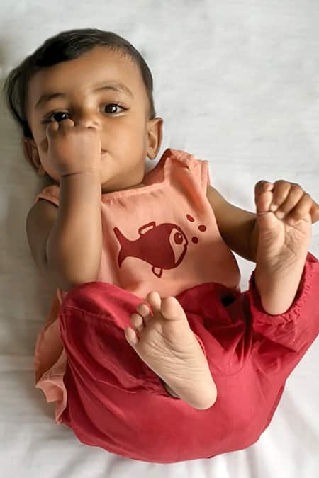 Whitewater Kids_Peach 100% Organic Cotton Hand Block Printed Fish Jhabla Top And Pant Set_Online_at_Aza_Fashions